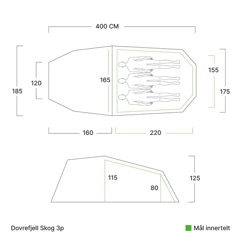 Dovrefjell Skog tunneliteltta 3p kolmelle hengelle.