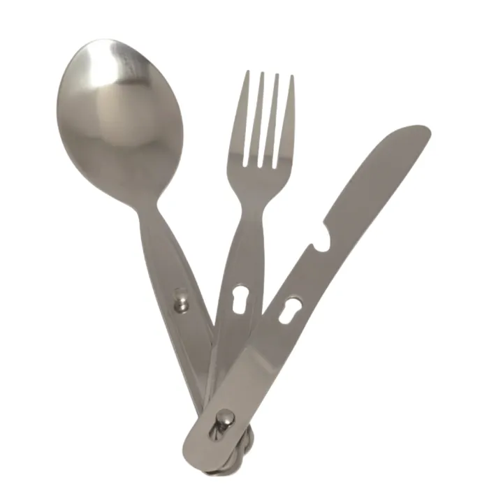 Lusikka, haarukka, veitsi ja pullonavaaja ruokailuvälinesetti