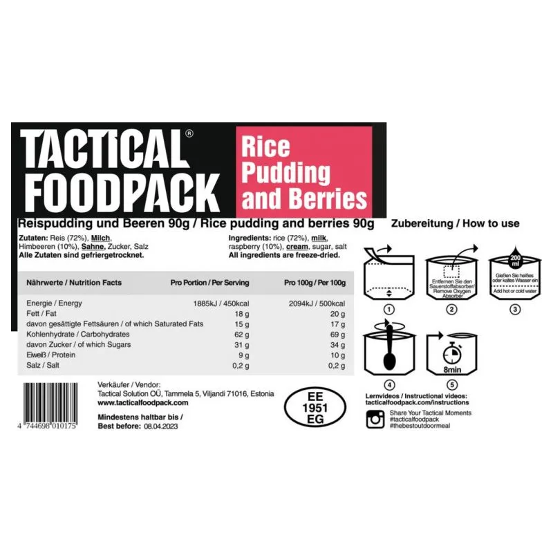 Tactical Foodpack retkiruoka, Riisipuuro vadelmilla 90g