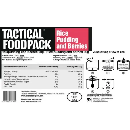 Tactical Foodpack retkiruoka, Riisipuuro vadelmilla 90g